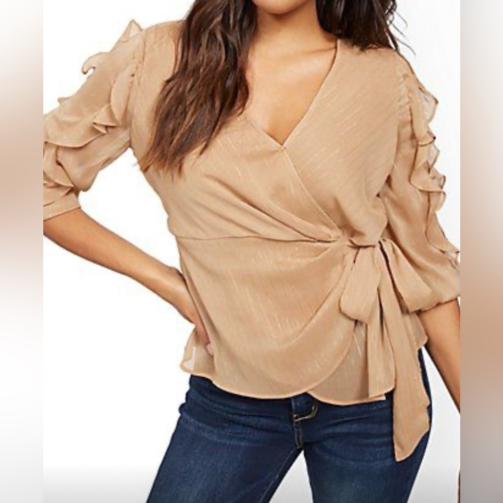 New York & Company Brown w/ Gold Stripes & Ruffles Wrap Tie Blouse - XL- New